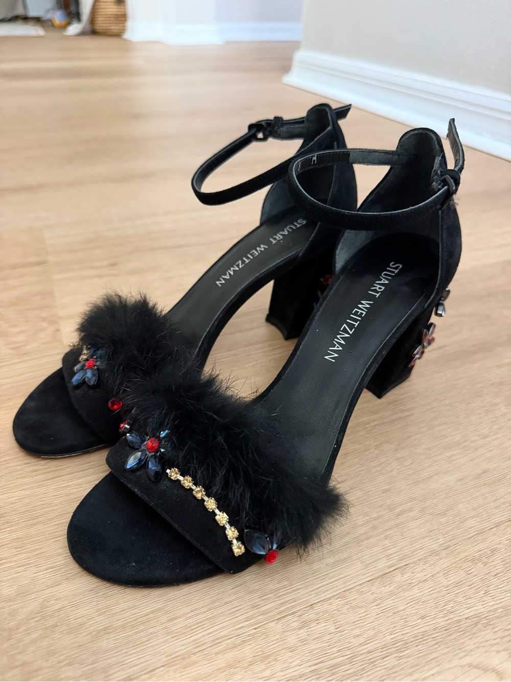 Stuart Weitzman Black Faux-Fur Ankle Strap Block Heels with Bead Embellishments - Picture 2 of 5